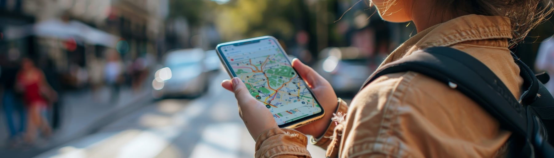 young person using map on a phone in a town street